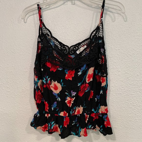 ReVamped Crop Tank Top Spaghetti Straps Elastic Ruffle Black Floral Size Large - Picture 1 of 8